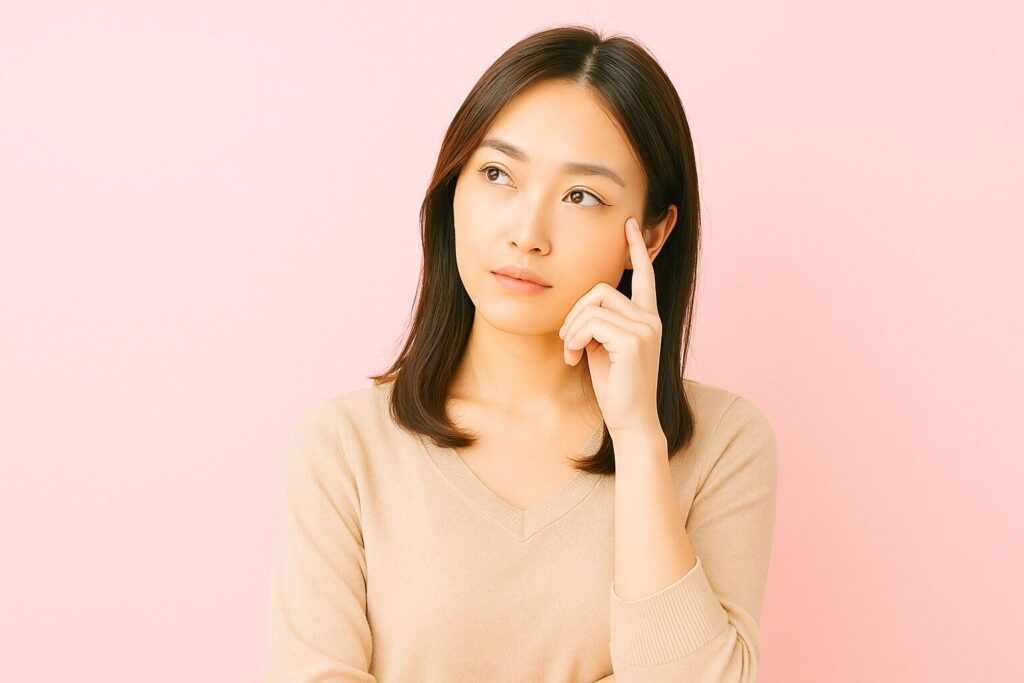 ADHDの「飽きっぽさ」は、なぜ起こるの？考えている様子の女性の画像です